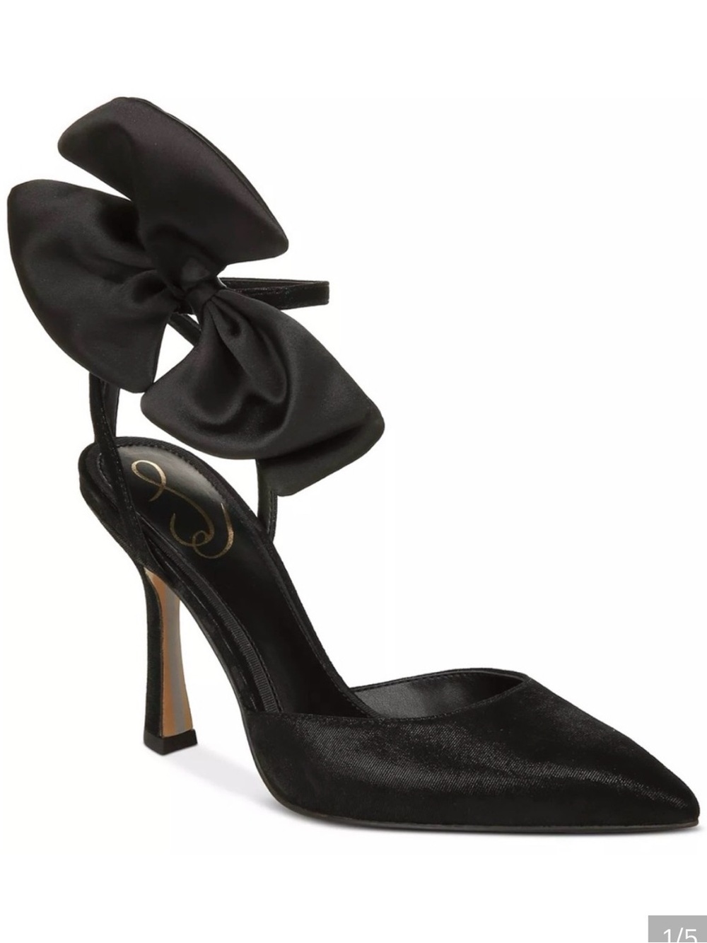 Sam Edelman Black Satin Pointed Toe Bow Ankle Strap Heels
